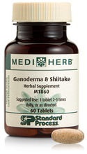 Load image into Gallery viewer, A bottle of Ganoderma & Shiitake herbal supplement next to a tablet.
